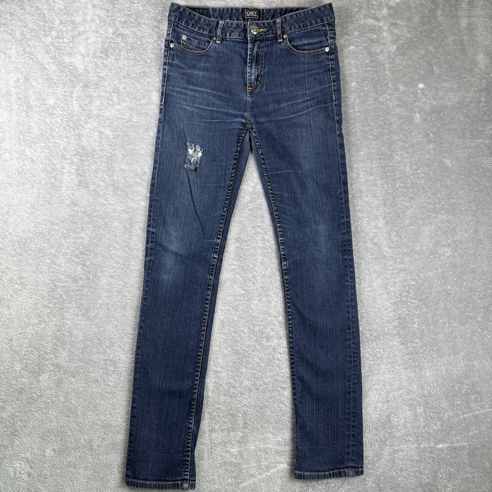 Obey Tight Stretch Straight Leg Distressed Jeans Women's 30 Blue
